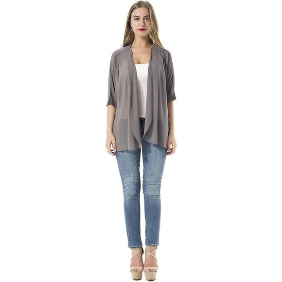 boutique Tops - Women’s Large Gray Chiffon Cardigan – Light Short Sleeve Cover Up